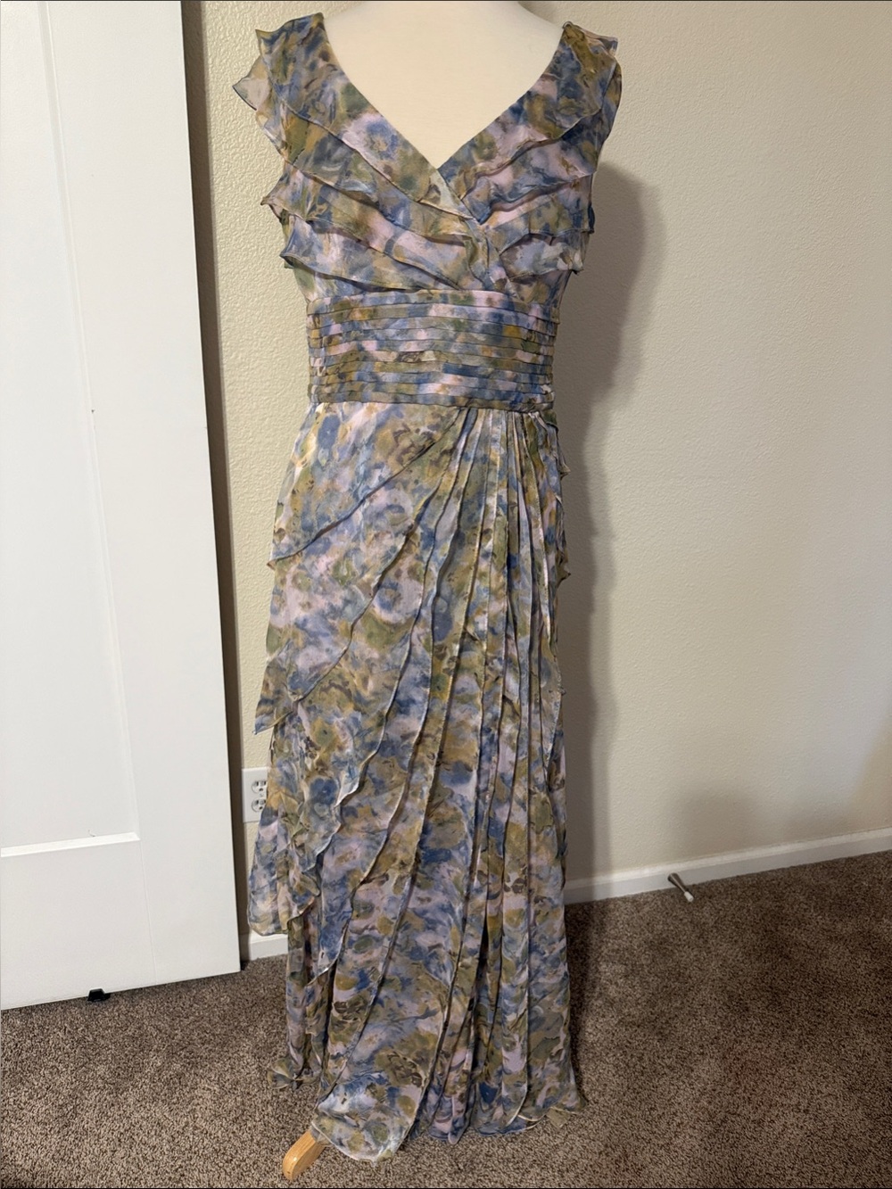 Adrianna Papell Blue and Olive Floral Ruffle V-Neck Maxi Dress